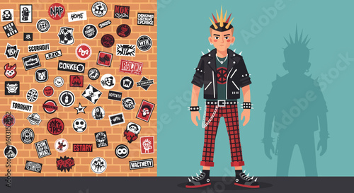 A stylized punk rocker with a mohawk, leather jacket, and shadow on teal background.