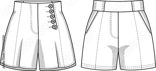 Fashion technical sketch of women’s high waist shorts with front button closure, side pockets, back yoke, black and white vector template, garment design illustration

.