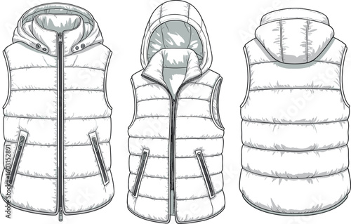 Hooded puffer vest with zipper, padded sleeveless outerwear, stylish winter clothing for men, front and back fashion illustration views