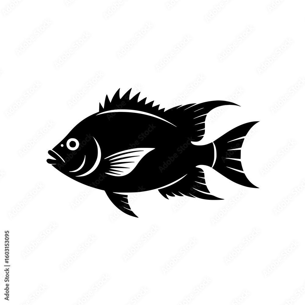 Obraz premium Silhouette Fish Illustration: A striking monochrome line art illustration depicts a stylized fish, showcasing its sleek form and intricate fin details against a white background.