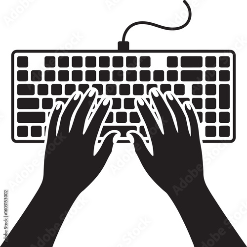 Black hands typing on a white keyboard vector