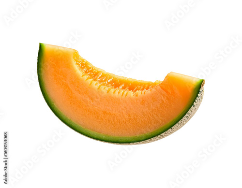 One Yubari King melon slice (luxury Japanese melon) floating mid-air, PNG