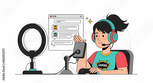Animated Gamer Girl Streaming with Chat and Gaming Console
