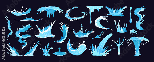 Collection of stylized water splash shapes in cartoon style on dark background, representing fluid motion, energy, and aquatic dynamics. Vector illustration
