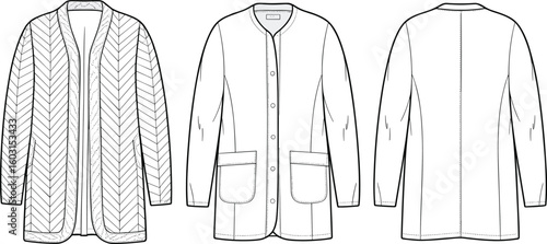 Long sleeveless collared dresses front and back view, elegant ruffle design, fashionable formal wear illustration, stylish clothing sketch template