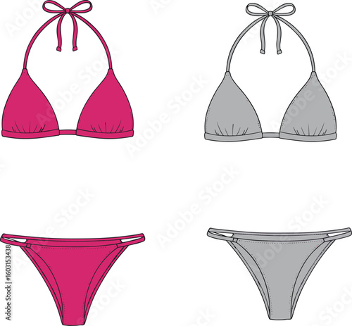 Women's bikini flat sketch, triangle top and brief bottom, front and back views, fashion vector template, swimwear technical drawing