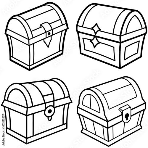 Treasure Chest Icon – Outline Vector Illustration of Pirate Chest Filled with Gold and Jewels
