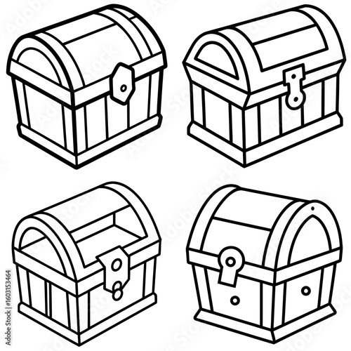 Treasure Chest Icon – Outline Vector Illustration of Pirate Chest Filled with Gold and Jewels
