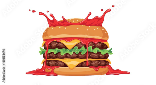 A cartoon illustration of a triple cheeseburger with ketchup splashing on a white background