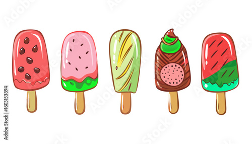 Ice cream popsicle drawing clipart set. Popsicle icon and ice cream cartoon clip art tropical graphic elements in strawberry, watermelon and chocolate vector illustration.