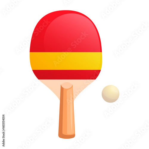 Ping pong paddle with red and yellow design and ball, cartoon style, isolated on white background. Concept of table tennis equipment. Vector illustration