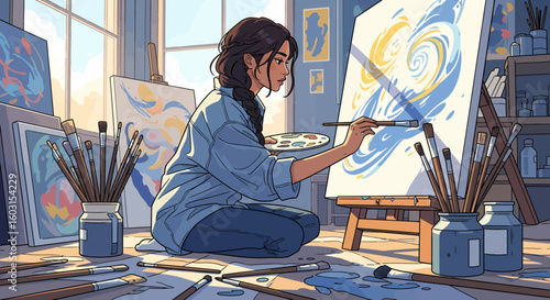 Artistic Woman Painting Swirling Abstract Art in Bright Studio Setting