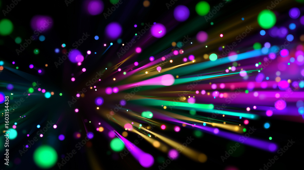 Naklejka premium An abstract background features colorful light trails and bokeh effects on a black backdrop, suggesting energy and motion. 