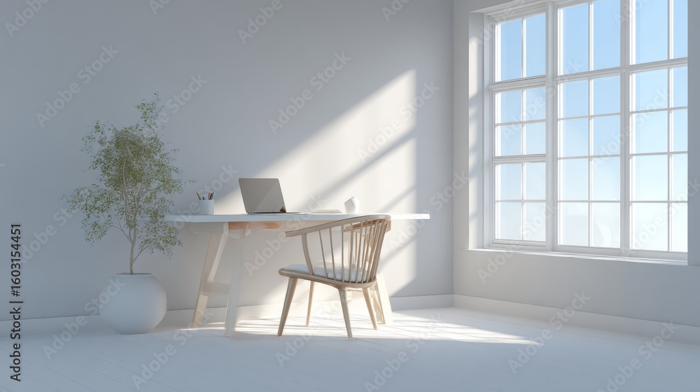 Fototapeta premium A minimalist home office with a minimalist desk, a laptop, a chair, and a small indoor plant, with a bright window creating an inviting and organized space