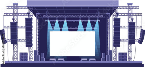 Illustration of a stage setup with lighting truss speakers and a blank white screen area