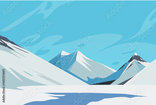 Snowy mountain peaks under a clear blue sky with stylized clouds on a white ground, depicting a cold winter nature scene. Vector illustration