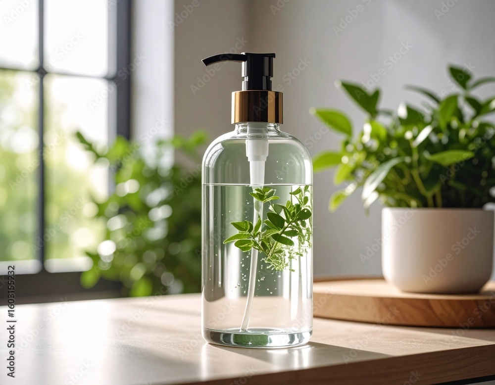 Clear dispenser with greenery inside on a wooden surface near a window and potted plant view Clear dispenser with greenery inside on a wooden surface near a window and potted plant view