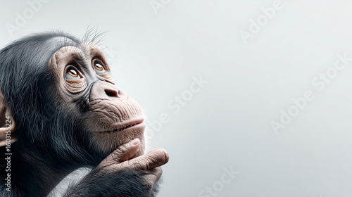 Pensive chimpanzee in thoughtful thinking pose. This intelligent animal portrait shows creature looking up, isolated on white background with studio lighting
