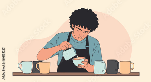 Barista pouring milk into a coffee cup with focus and care.