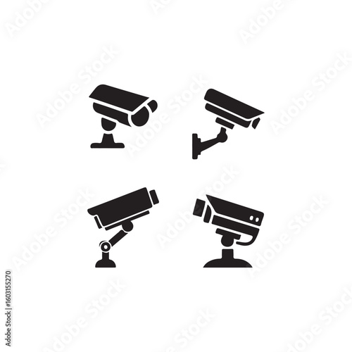 Four Security Camera Icons for Surveillance.This image features four simple, black silhouette icons of security cameras, each mounted on different types of stands.