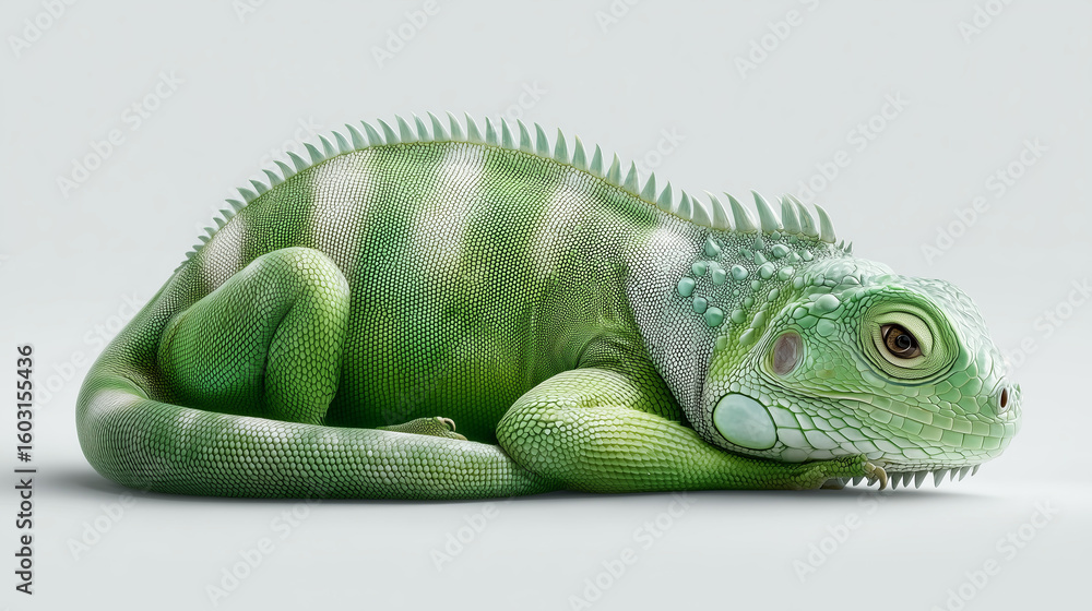 Fototapeta premium Calm green iguana resting with its curled tail. scaly lizard and beautiful reptile animal lying peacefully while isolated on white background, creating serene profile