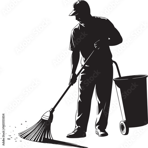 Black silhouette of a street cleaner sweeping debris with a broom next to a wheeled trash can road