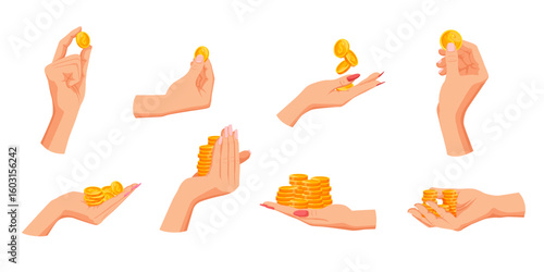 Collection of human hands holding golden coins in various poses, flat graphic style, isolated on white background. Concept of finance, wealth. Vector illustration