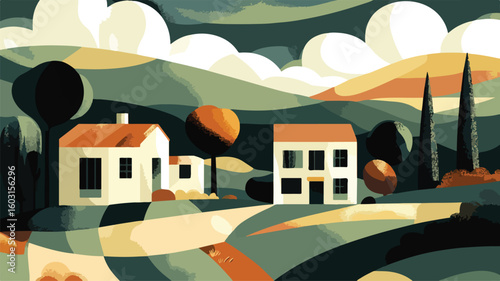 Modern Geometric Cubist Green Landscape Rural Home Poster