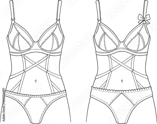 Strappy lingerie bodysuit technical fashion sketch, detailed front and back view of modern lace underwear set with bow accent