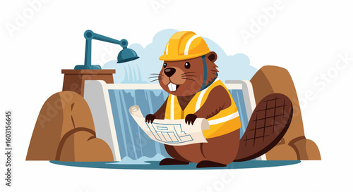 Cartoon beaver engineer with hard hat and safety vest inspecting dam blueprint