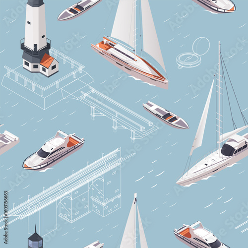 Repeating pattern of modern yachts, sailboats, lighthouse, and marine structures on blue background, nautical concept. Vector illustration