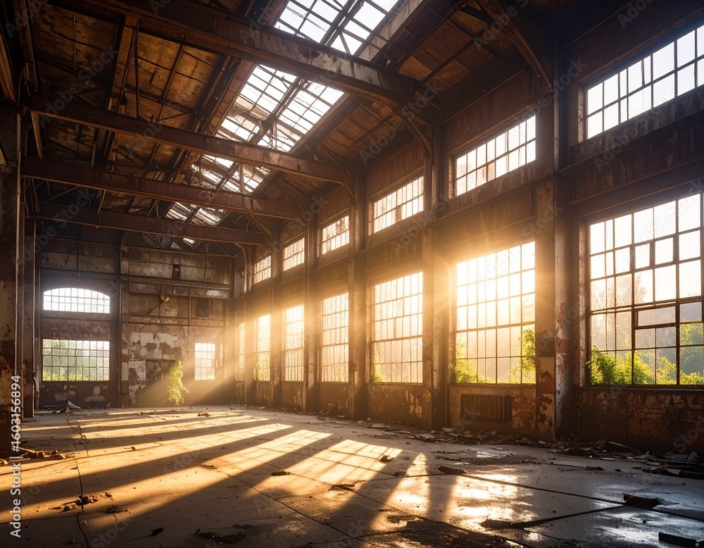 Sunlight streams through windows of an abandoned industrial building with decaying walls and debris strewn floor Sunlight streams through windows of an abandoned industrial building with decaying walls and debris strewn floor
