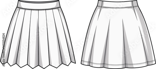 Stylish pleated skirt fashion template, zigzag hem, A-line design, women’s clothing illustration, trendy garment sketch, versatile outfit views, apparel mockup