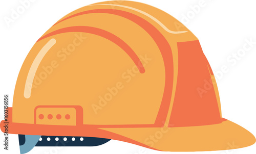 A side view of an orange construction helmet with a blue adjustable strap on a white background