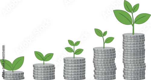 Illustration of five stacks of coins with green plants growing out of them on white background