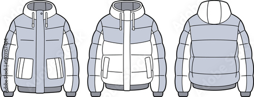White padded winter jacket front and back view, hooded outerwear design, zippered pockets, fashion sketch template for cold weather clothing