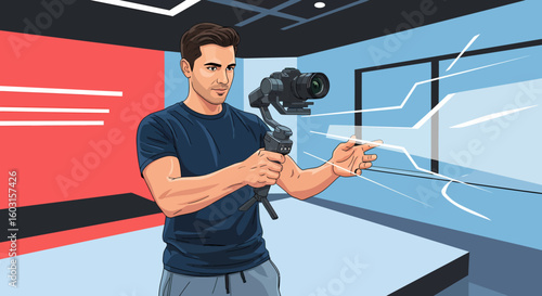 Cartoon man holding a camera stabilizer with a camera attached, ready to film.