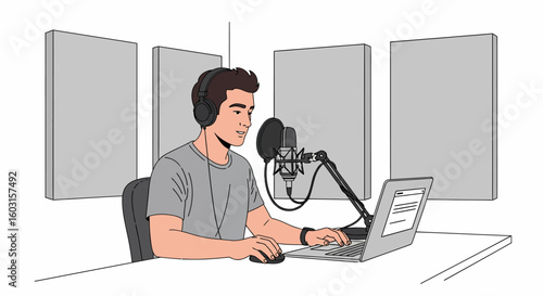Cartoon man recording podcast with microphone and laptop in soundproofed studio