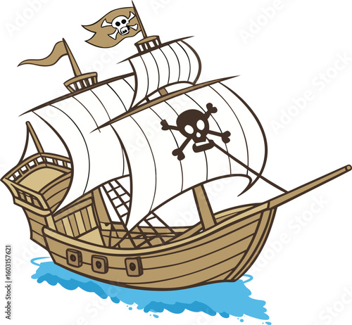 Pirate Ship with Jolly Roger Sails on Blue Water 