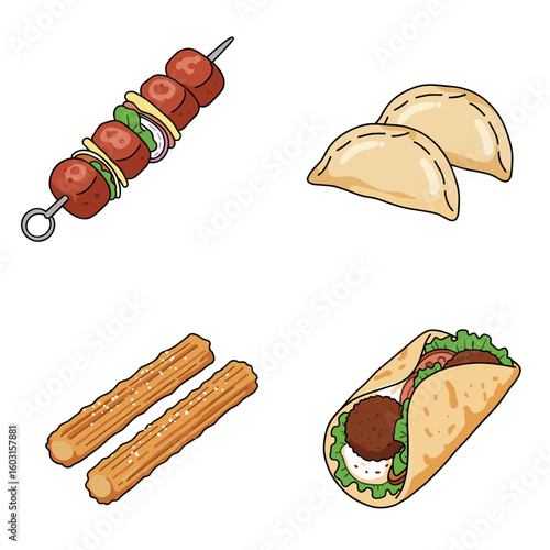 Cartoon illustration of skewer, empanadas, churros, and wrap on transparent background
