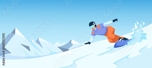 Person snowboarding on snowy slope with snowy mountains in background, in flat graphic style on blue sky backdrop. Concept of winter sport. Vector illustration