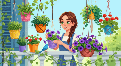 Cartoon woman tending to purple petunias with a blue bird on the balcony