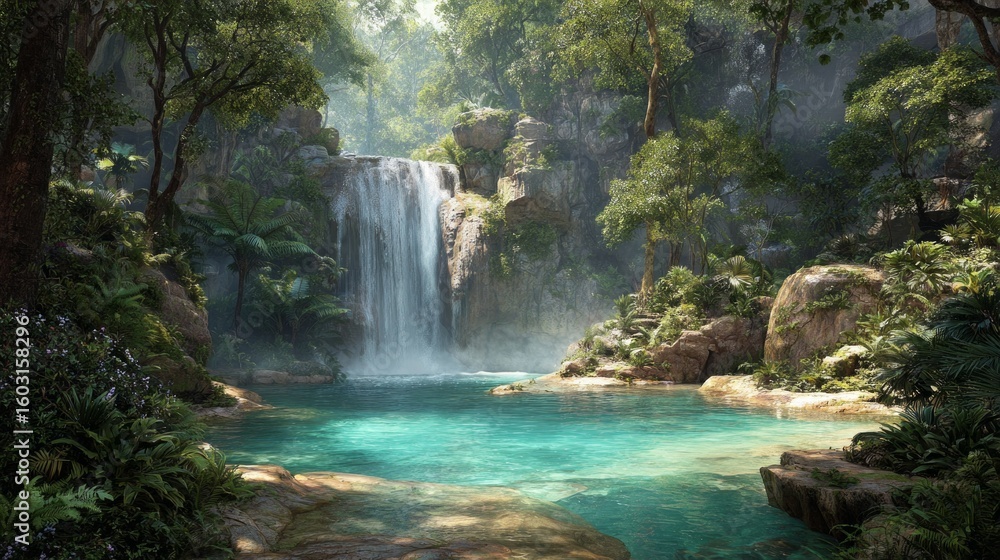 Fototapeta premium A magnificent waterfall cascading into a crystal-clear pool in a lush tropical rainforest, with sunlight filtering through the canopy.
