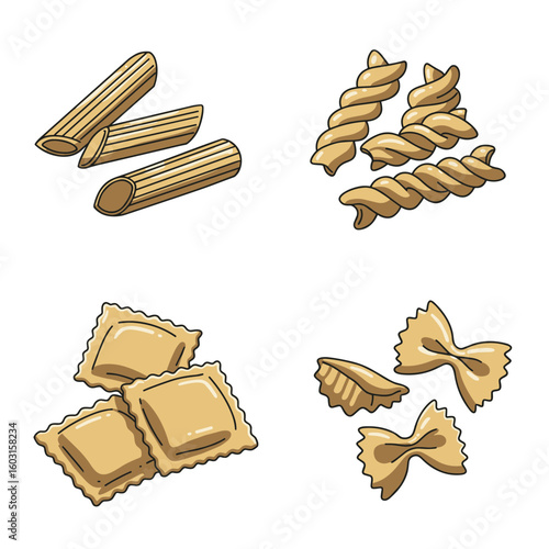 Four types of pasta: penne, rotini, ravioli, and farfalle on transparent background