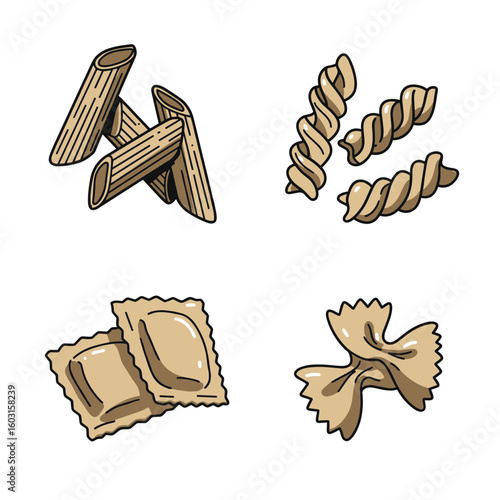 Illustration of four different types of pasta on transparent background