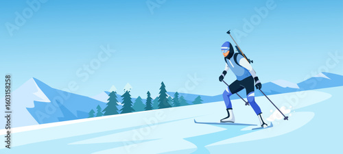Male skier in biathlon gear skiing across snowy terrain with rifle on back, flat graphic style, blue mountain forest background. Winter sport concept. Vector illustration