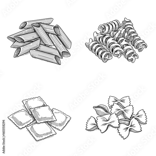 Illustration of four different types of pasta on transparent background