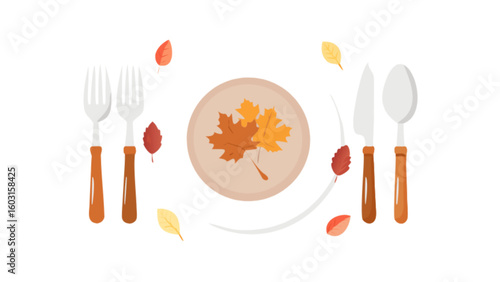 Thanksgiving table setting autumn leaves pumpkin and warm drink for holiday celebration design concept