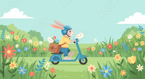 Cheerful Bunny Postman Delivering Letters on a Blue Scooter Through a Meadow
