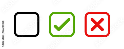 Empty checkbox, green check mark, and red cross for use in forms, interfaces, task management, voting, or approval status indicators